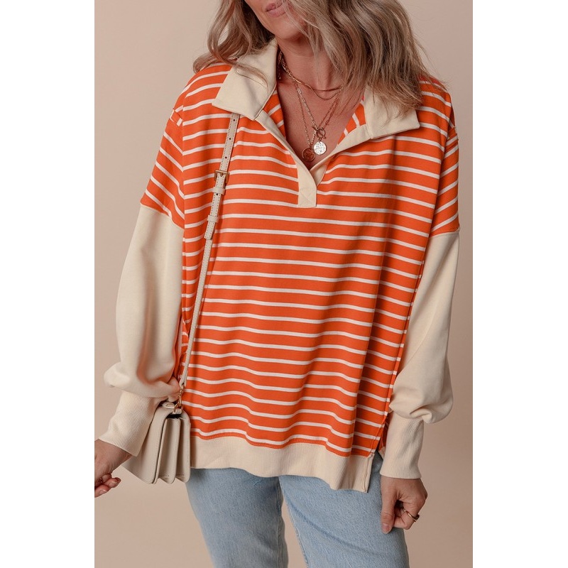 Stripe Color Block Collared Drop Sweatshirt