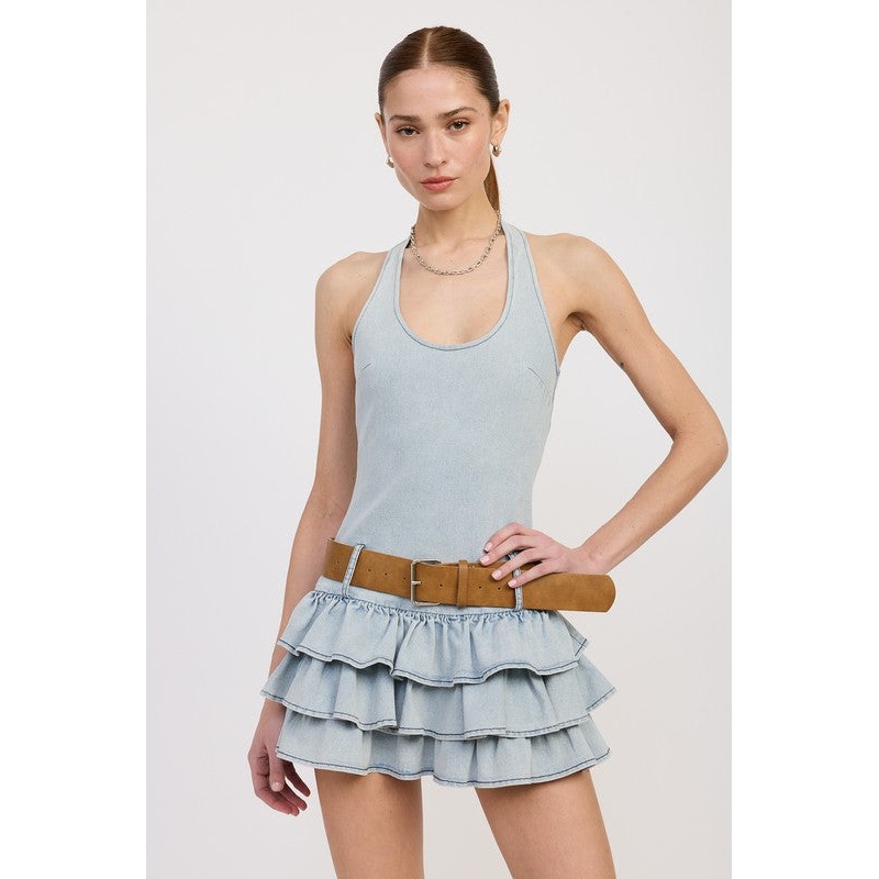 TIERED MINI DRESS WITH HALTER NECK AND BELT