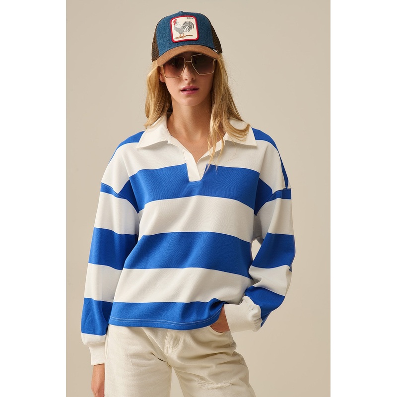 White Relaxed Striped Polo Blouse With Blue Stripes