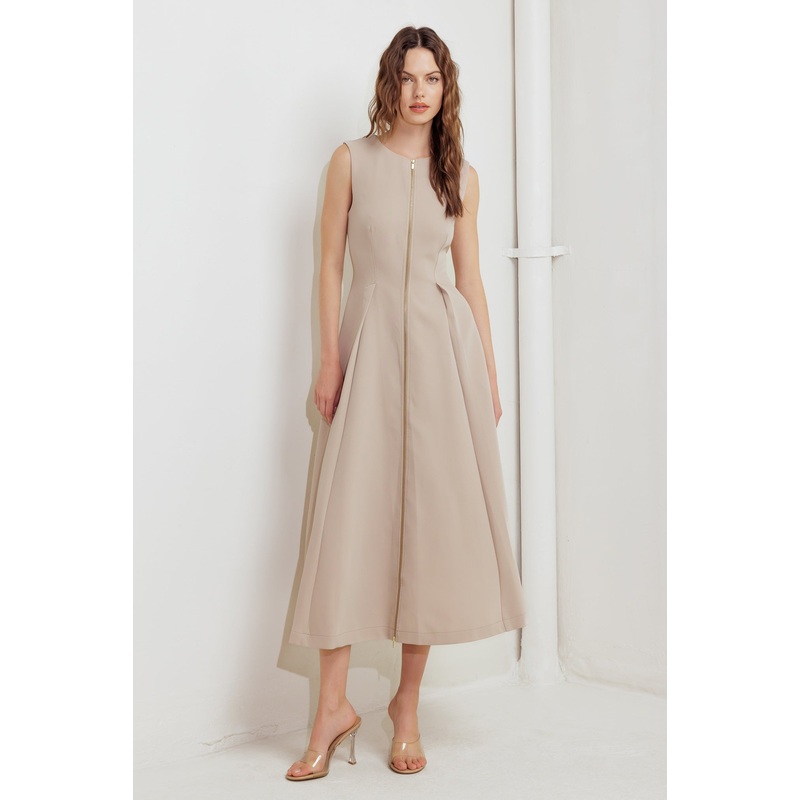 ZIP & FLOW WOVEN MIDI DRESS|LIGHT BEIGE|S|M|L
