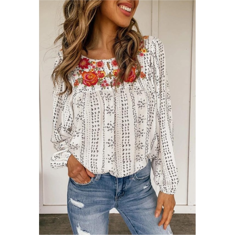 Beige Long Sleeve Embroidered Print Blouse