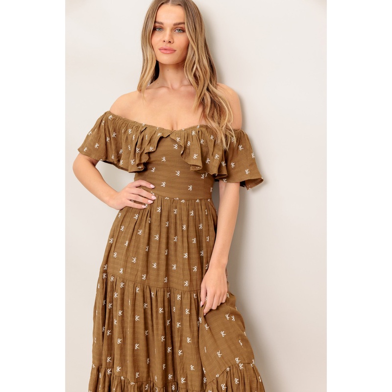 BELLE AMOUR BROWN WOVEN MIDI DRESS