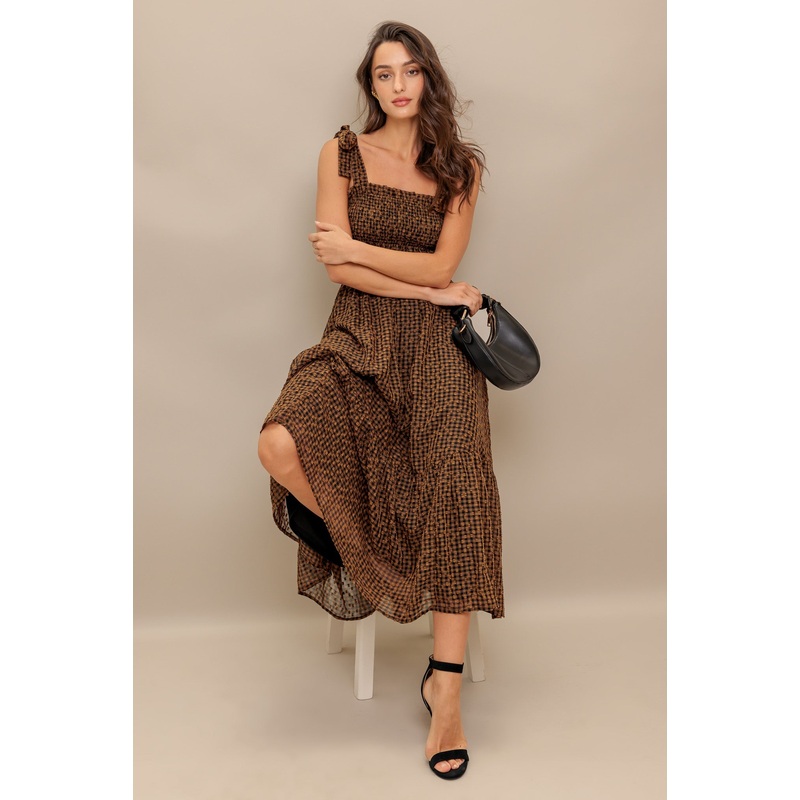 CHECKED DAYDREAM WOVEN MIDI DRESS