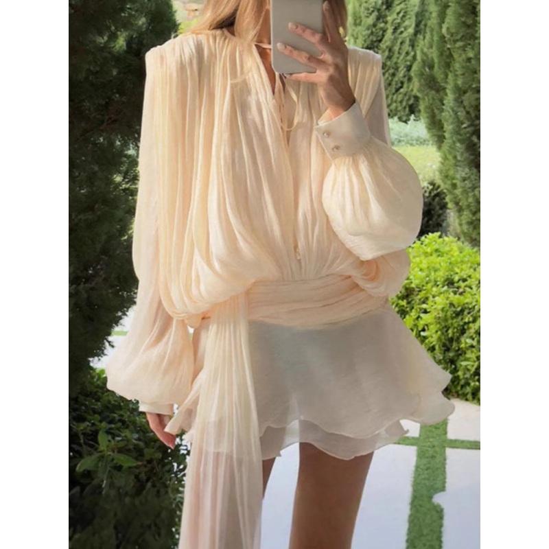 Chiffon Tie Neck Long Sleeve Mini Dress