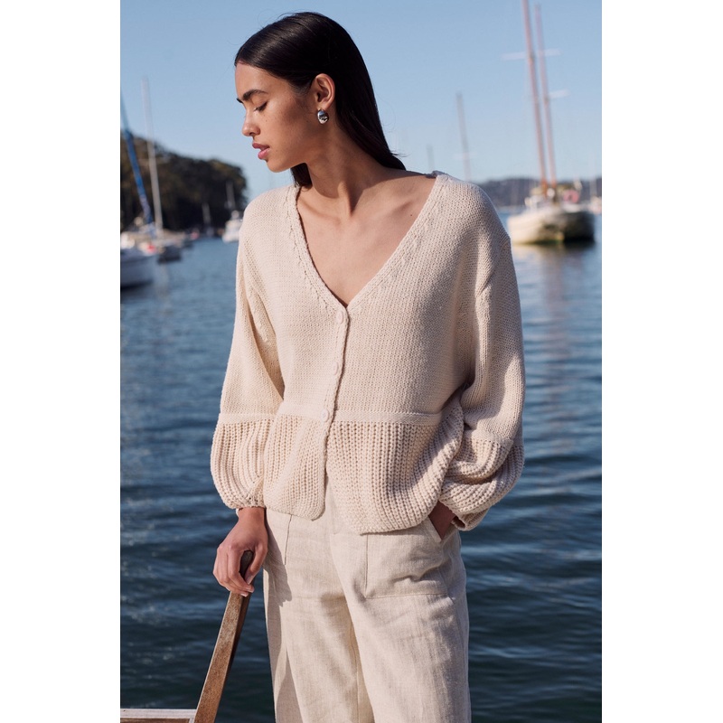 Cream Balloon Sleeve Cardigan|Beige|SM|ML