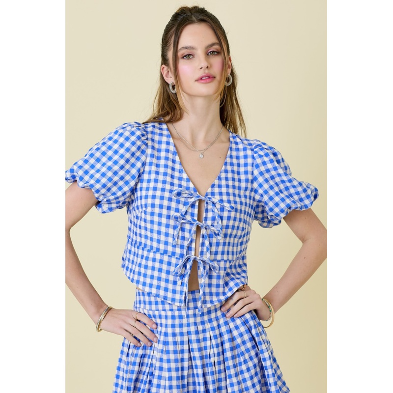 Gingham Bow Top|BANANA|BLUE|S|M|L