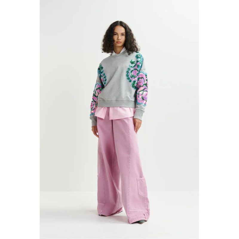 Grey, pink and blue organic cotton sweatshirt with sequin and bead-embroidered sleeves