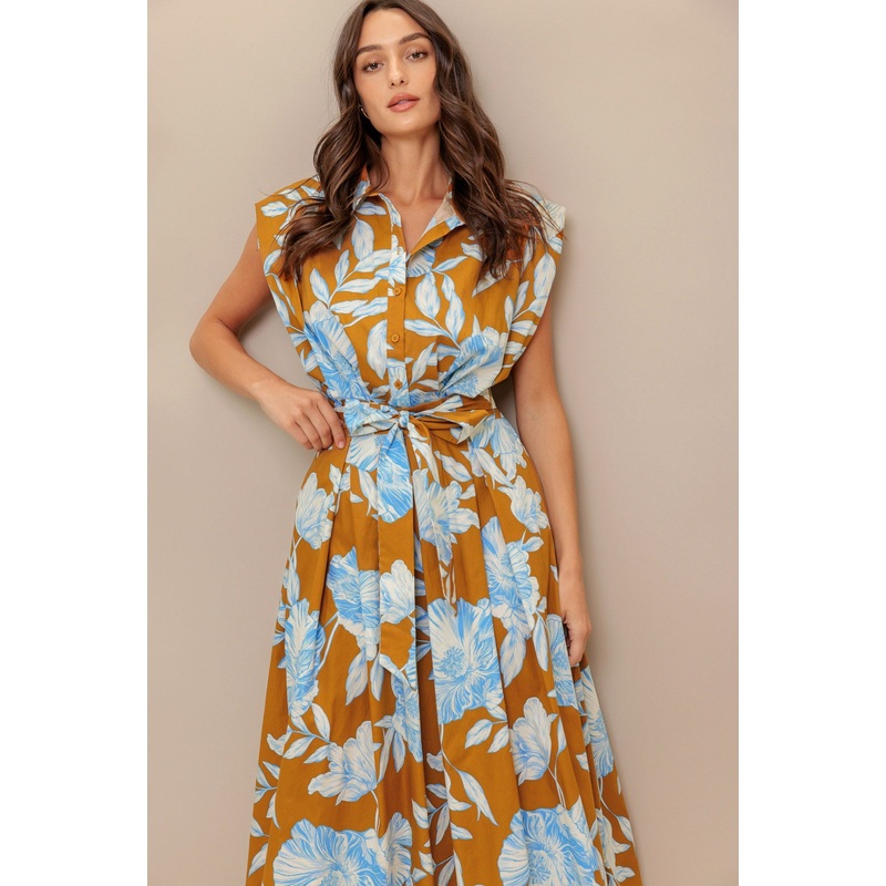 ISLAND FLARE WOVEN MIDI DRESS|BROWN BLUE|S|M|L