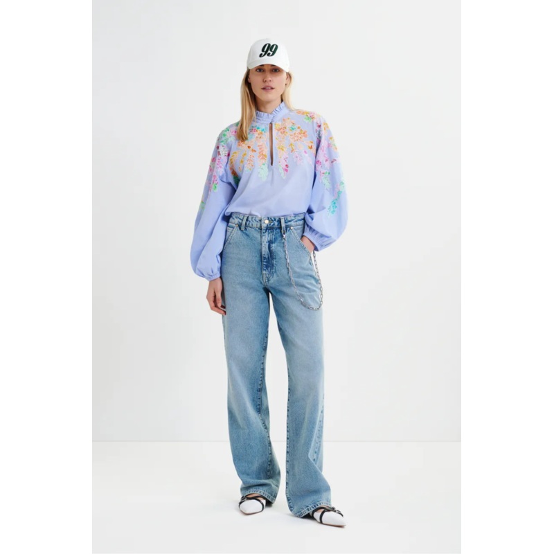 Light blue cotton top with floral embroidery and mandarin collar