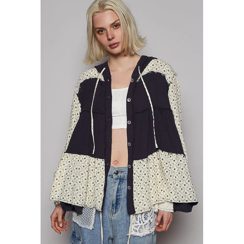 Color Block Printed Frayed Hem Hooded Shacket