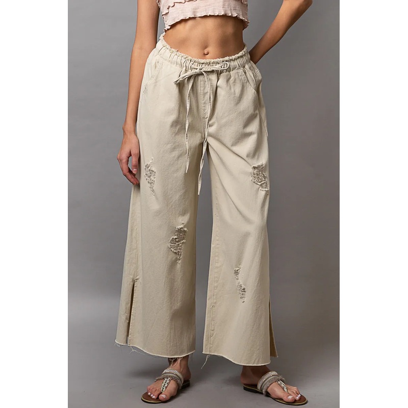 Distressed Drawstring Slit Wide leg Pants