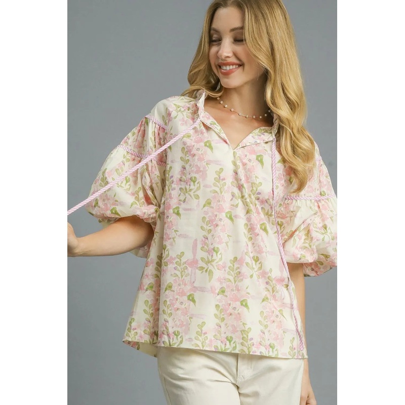 Floral Print Puff Sleeve Tie Neck Blouse