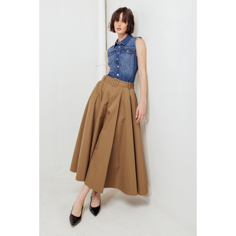 GOLDEN STILL CAMEL WOVEN FULL MIDI SKIRT