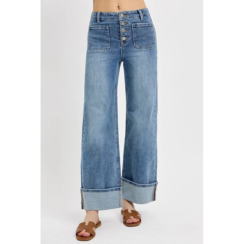 High Rise Ankle Wide Button Patch Pocket Cuffed Jeans