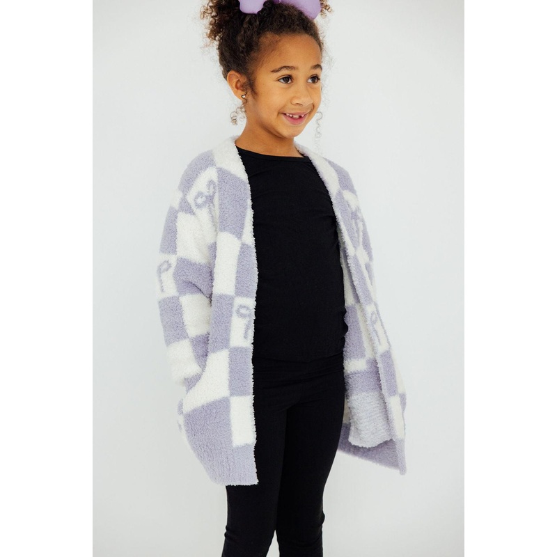 Lavender Checker Bow Cozy Cardigan