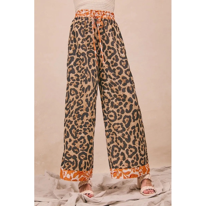 Leopard Print With Contrast Banded Wide Pants