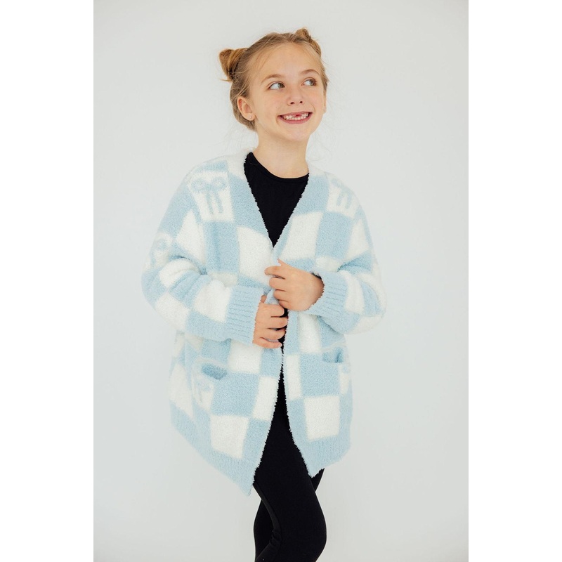 Light Blue Checker Bow Cozy Cardigan