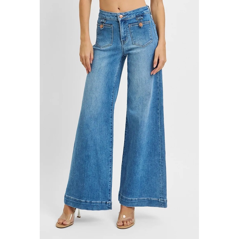 Mid Rise Wide Front Patch Pocket Jeans