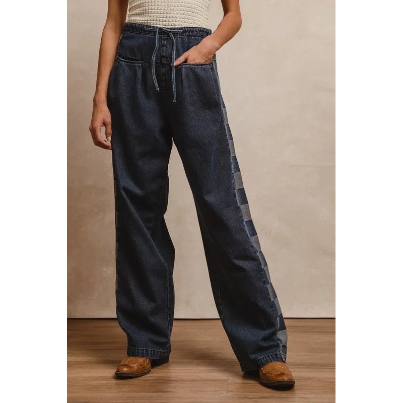 Washed Denim Mix And Match Long Pants