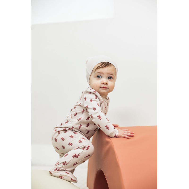 Bear Print Onesie with Hat|Baby Blue|Dark Almond|Primrose|1 Month|3 Months|6 Months|9 Months|12 Months
