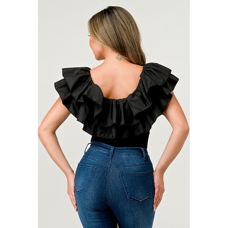 Black Popline Ruffle Bodysuit|Black|XS|S|M|L