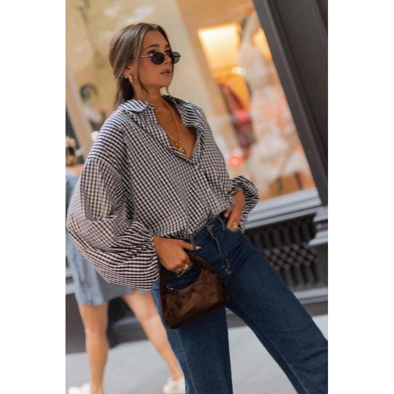 BUBBLE PLAID BLOUSE|S|M|L|Black