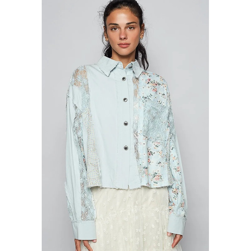 Floral Long Sleeve Shirt with Lace Panel Details