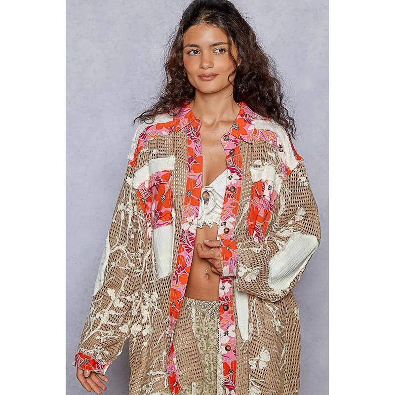 Floral Print Crochet Button Up Shirt