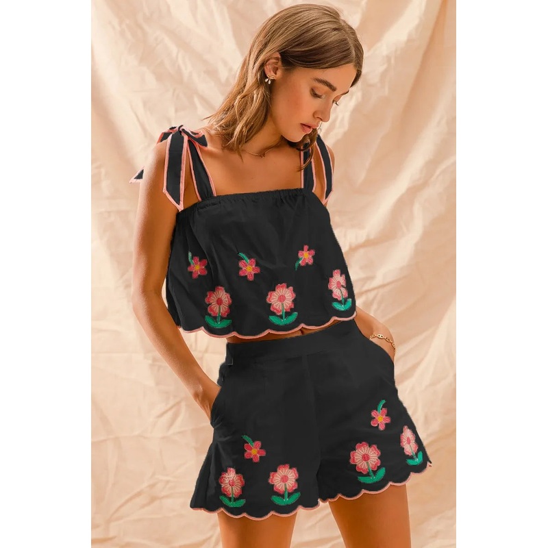 Flower Embroidered Tank Top and Shorts Set