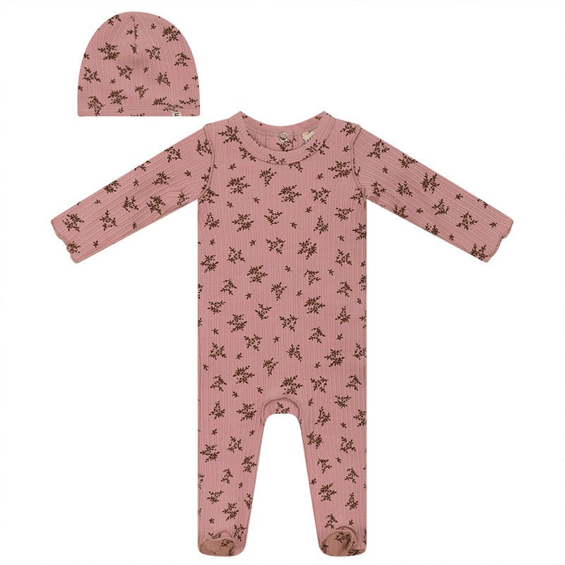 Flower Print Onesie with Hat|Off White/Cognac|Pink/Cognac|1 Month|3 Months|6 Months|9 Months|12 Months