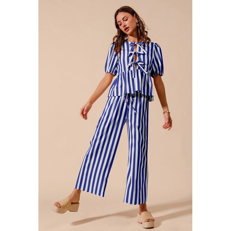 Front Tie Stripe Puff Sleeves Top and Wide Leg Pants Set