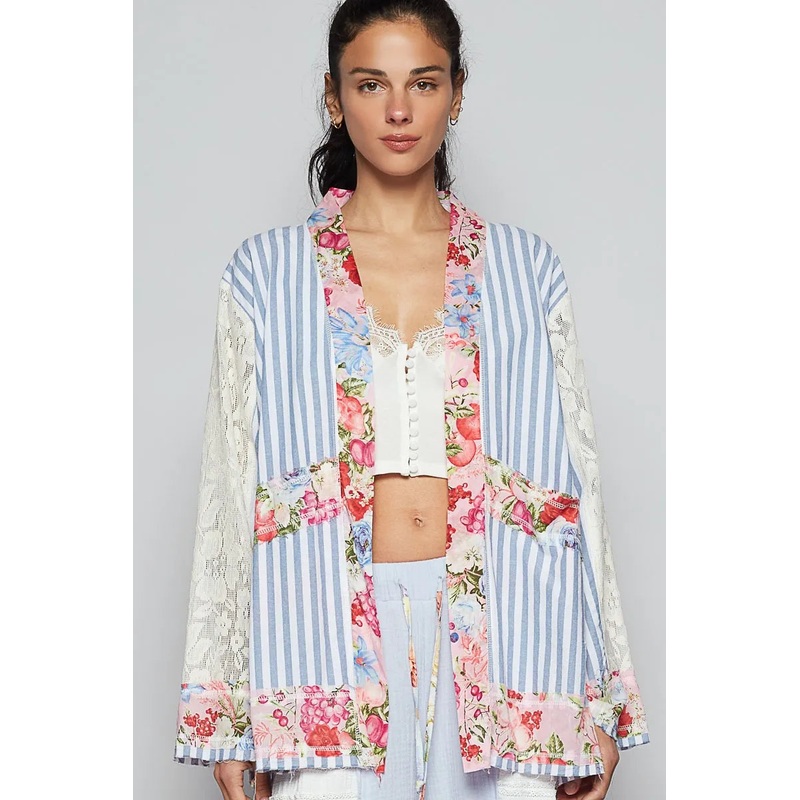 Lace Long Sleeve Striped Cardigan with Floral Patchwork Detail