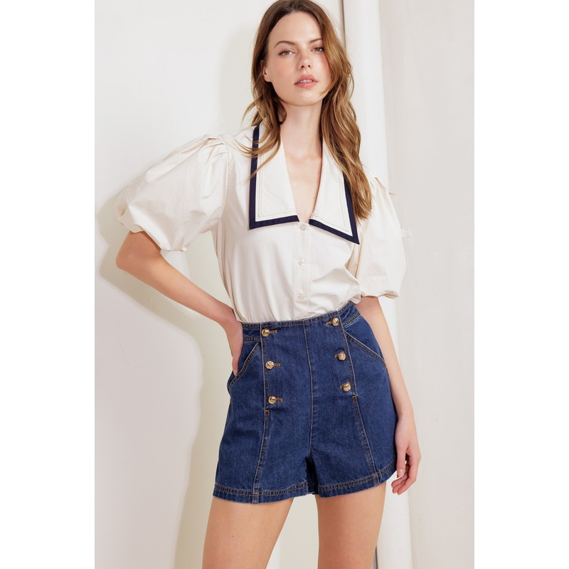 LETTERS TO SUMMER WOVEN TOP|ECRU/NAVY|S|M|L