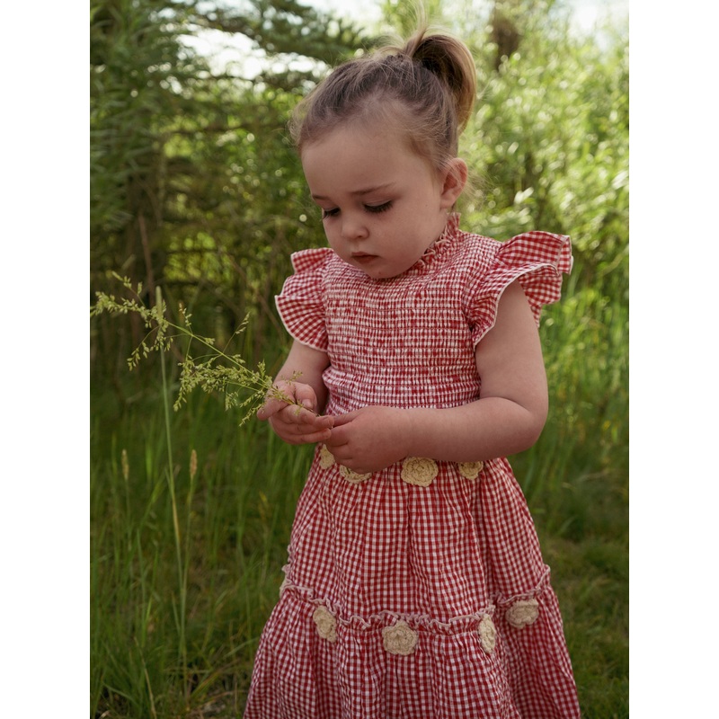 Little Lady Field Dress|1 year|2 year|3 year|4 year|5 year|6 year|Red Gingham with Cream Crochet Applique