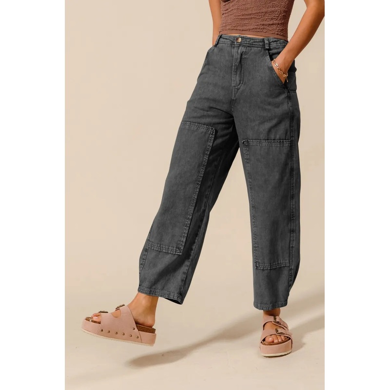 Mineral Washed Mid Rise Barrel Shape Pants