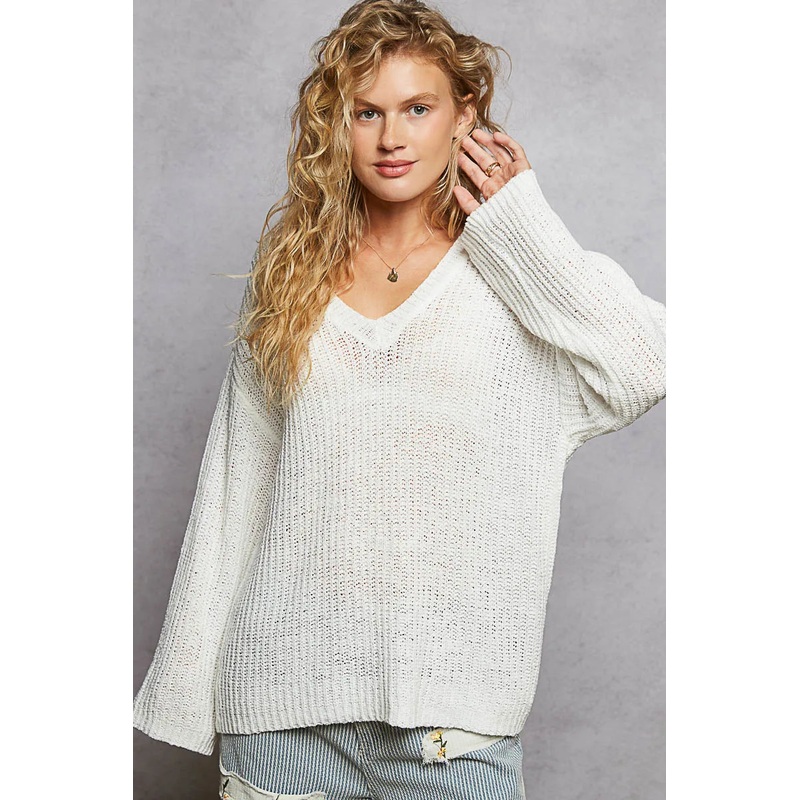 Oversized V-Neck Knit Top|Ivory|S|M|L