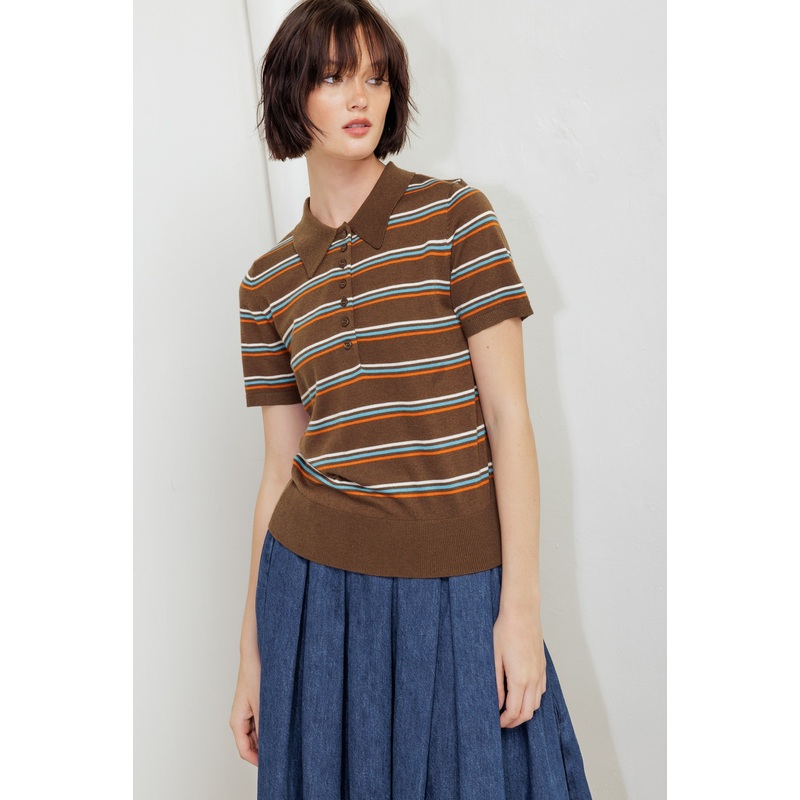 PRETTY IN PARADISE POLO TOP|BROWN MULTI|NAVY MULTI|S|M|L
