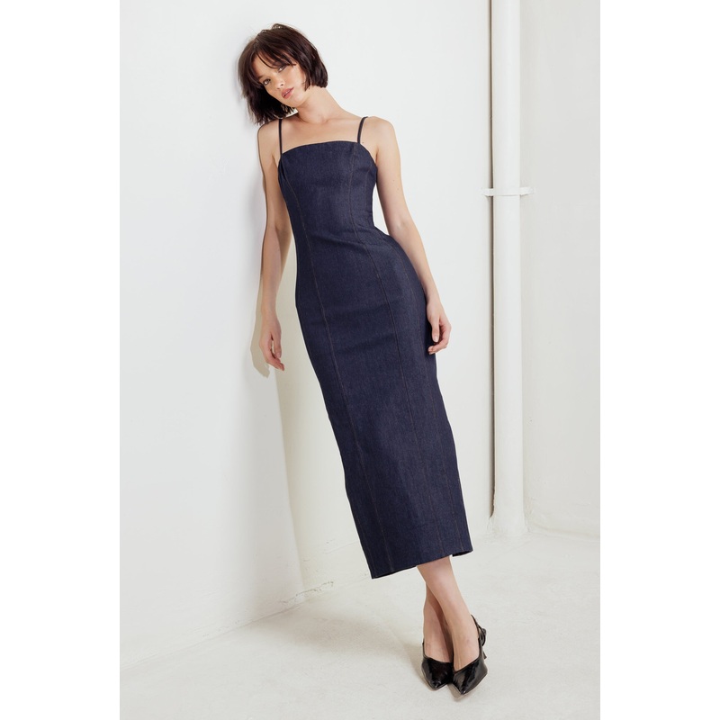 QUIET CURVE DARK DENIM MIDI DRESS