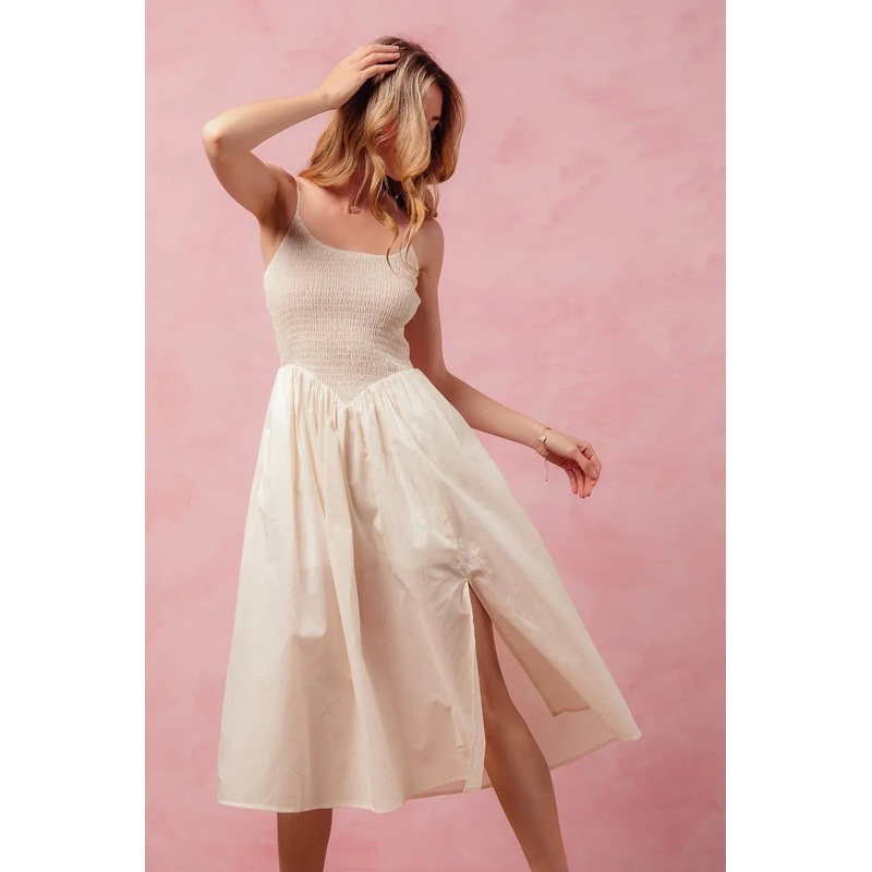 Smocked Sleeveless Casual Everyday Dress With Slit