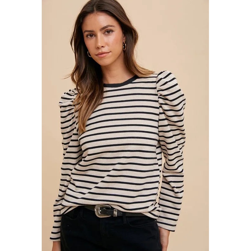 Striped Round Neck Puff Sleeve French Terry Top
