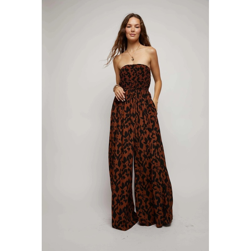 ANIMAL PRINT SMOCKED TUBE WIDE LEG JUMPSUIT