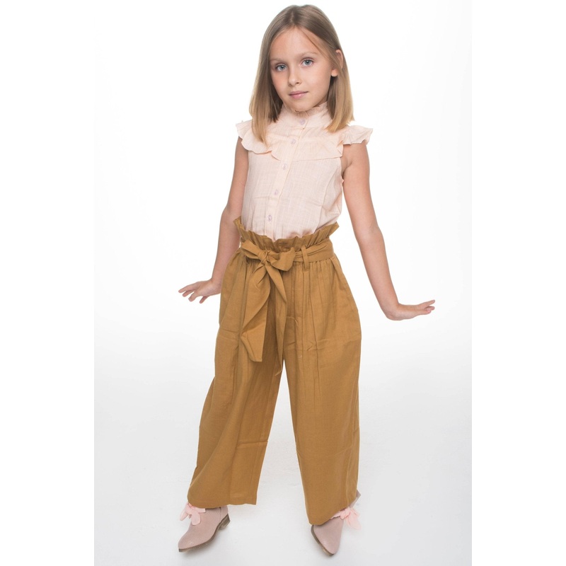 Blush Frill Top with Khakhi Paper Bag Pants 2 pc. Set
