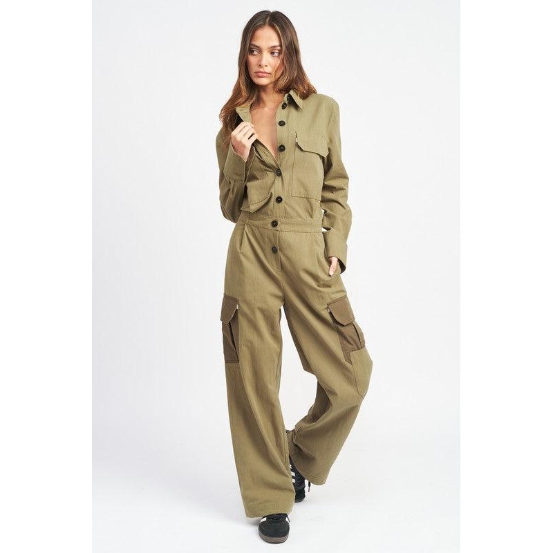 BOTTON DOWN CARGO JUMPSUIT|OLIVE|S|M|L