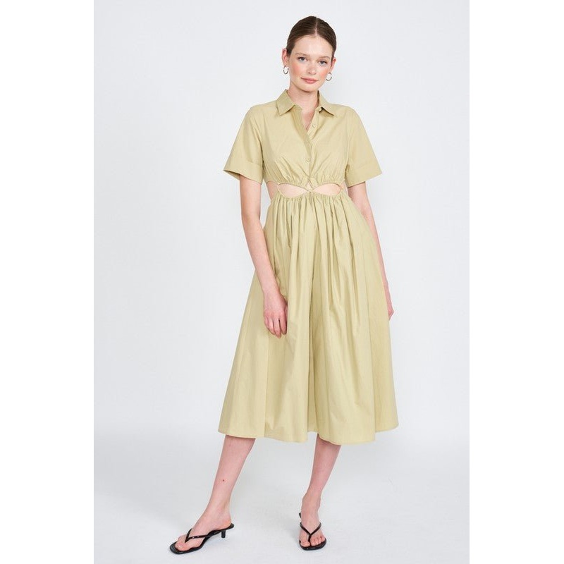 BUTTON UP COLLARED MIDI DRESS WITH CUT OUT