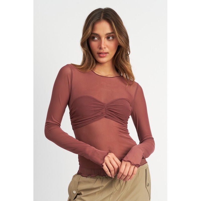 CREW NECK SHEER BUST TOP|RED BROWN|S|M|L
