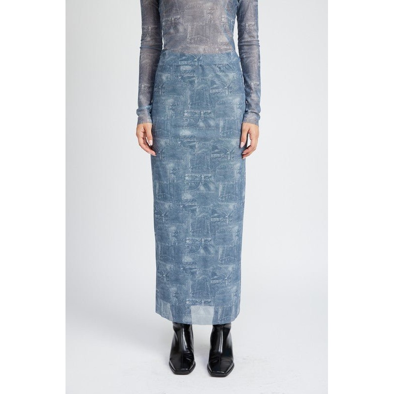 HIGH RISE PRNTED MAXI DENIM SKIRT