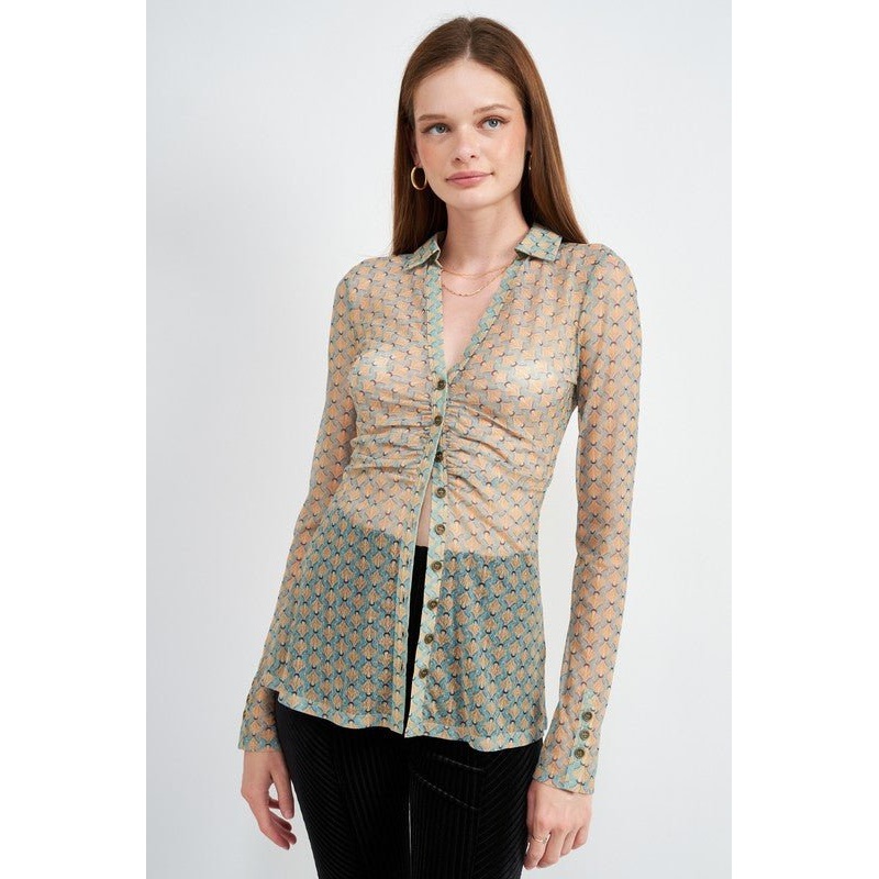 LONG SLEEVE BUTTON FRONT MESH TOP