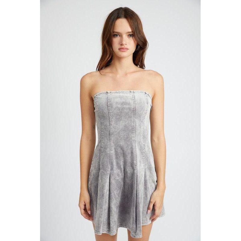 PLEATED STRAPLESS MINI DRESS|BROWN|GREY|S|M|L
