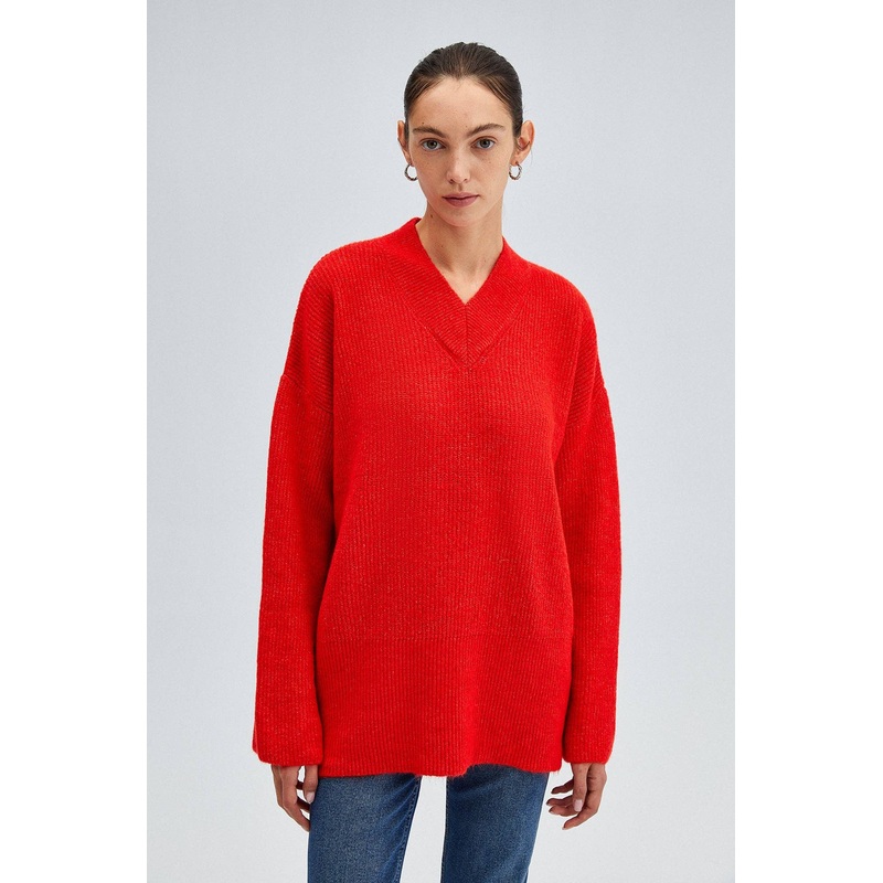 Red V Neck Knit Sweater|Small|Medium|Large