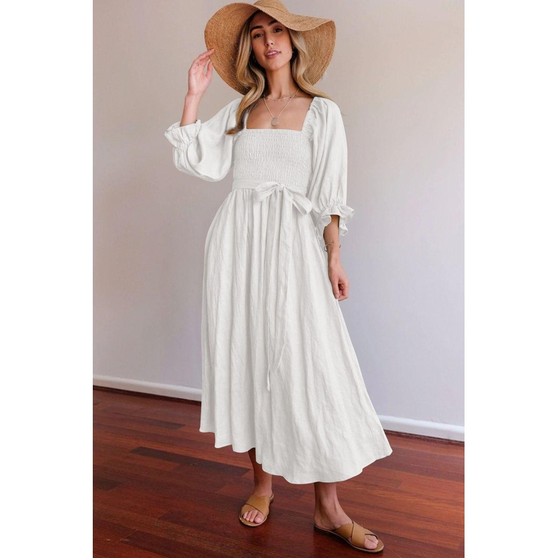 Smocked Square Neck Flounce Sleeve Dress